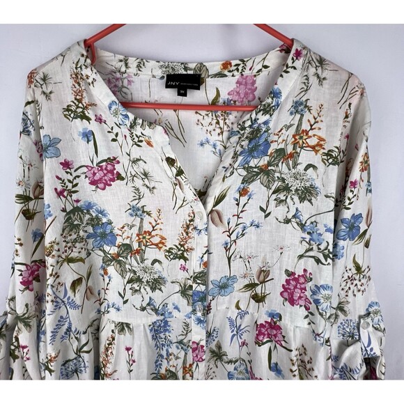 JNY Jones New York Top Womens 3X Linen Blend Floral Button Roll Tab Peasant Boho - Picture 2 of 15